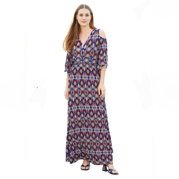 VENUS Dresses & Skirts - VENUS Multi-color Maxi Dress Cold Shoulder Elbow Length Flutter Sleeve